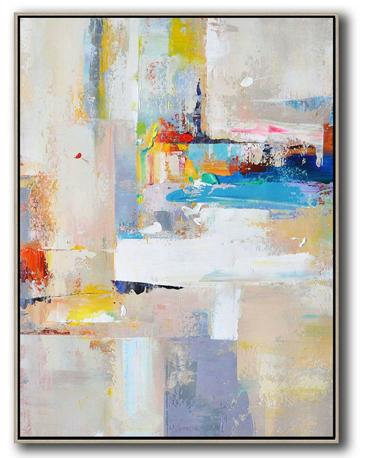 Large Abstract Art,Vertical Palette Knife Contemporary Art,Acrylic Painting On Canvas,Beige,White,Blue,Red,Yellow,Pink.etc